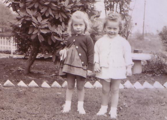 Cousins Cathy Nygard (L) and Diane Sheib (R) enjoying a Sunday outing at their grandparents Virginia and Andy DeSantis' home circa 1945.